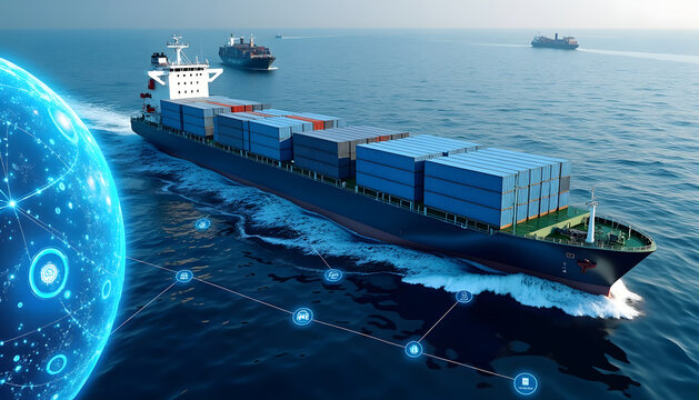 A modern cargo ship sails through the ocean, symbolizing global trade and digital connectivity.