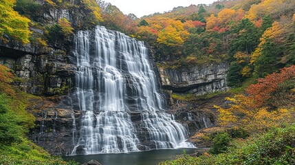 Fototapeta premium Majestic waterfall cascading into autumn foliage