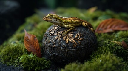 A small golden-scaled lizard resting on a handcrafted stone orb with intricate natural patterns, surrounded by soft moss and dew-kissed leaves.