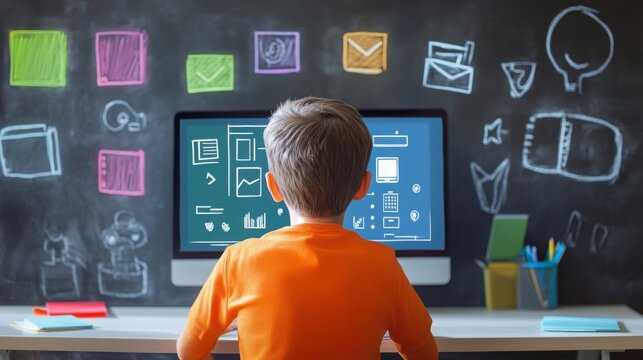 Young Boy Using Computer At Home Workspace With Drawings