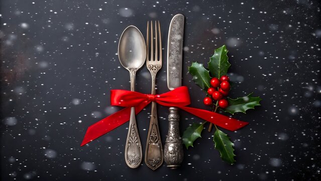 Christmas table setting with vintage cutlery tied with red ribbon and holly decoration on dark background
- Powered by Adobe