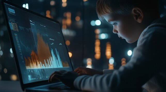 Young Boy Using Laptop With Data Visualization At Night