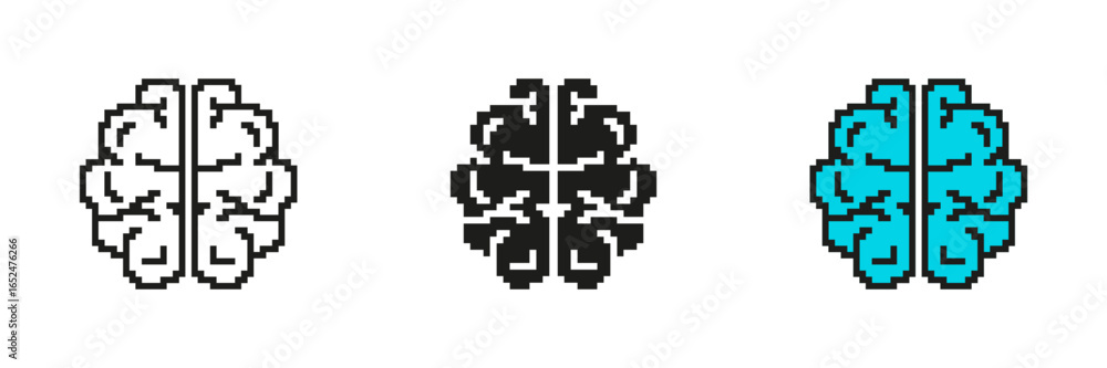 Poster pixel brain icon set with two hemispheres. neural design pixelated symbol. cognitive and neural func