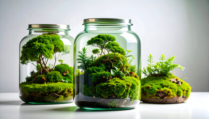 Three glass jars filled with miniature moss gardens, showcasing tiny trees and plants.