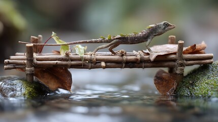A slender lizard balanced on a miniature wooden bridge it seemingly constructed from twigs and leaves, over a shallow crystal-clear stream.