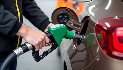 A person's hands fill a brown car with gasoline at the gas station, close up.