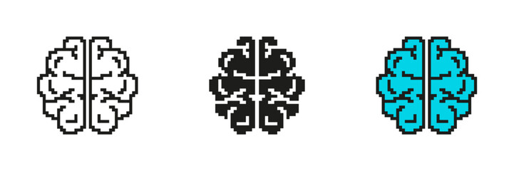 Obraz premium Pixel Brain Icon Set with Two Hemispheres. Neural Design Pixelated Symbol. Cognitive and Neural Functions. Isolated Vector Illustration