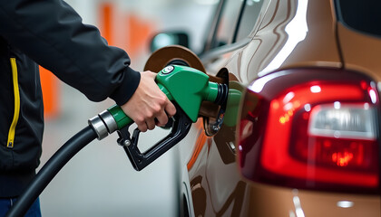 Person refueling a car at a gas station, close-up detail of the pump.