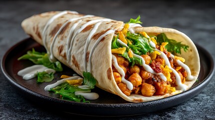 A soft tortilla wrap filled with spicy chickpea mixture, yogurt drizzle, and crunchy sev, placed on a black ceramic plate