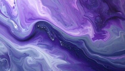 A mesmerizing abstract design showcasing fluid, swirling patterns of vibrant purple, lavender, and gray hues, accented by subtle sparkles.