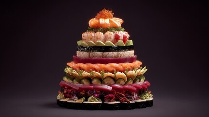 A sushi tower spiraling upward like a seashell, each layer filled with vibrant seasonal ingredients arranged in perfect symmetry.