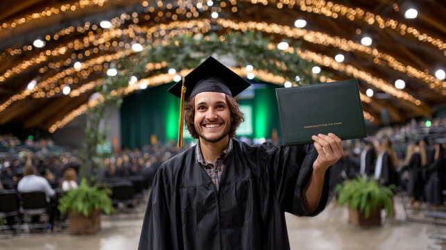 A graduate standing under a decorative arch, diploma in hand, while other graduates cheer in the background