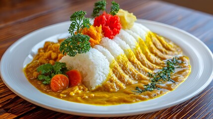 A wave-shaped rice sculpture flowing across the plate, with curry filling the curves like molten gold, enhanced by precise garnish placement and a textured wooden tabletop.