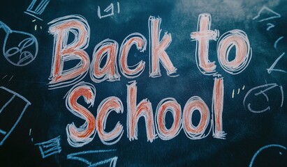 Chalkboard with "Back to School" in white and orange chalk surrounded by playful school supply doodles, creating nostalgic educational atmosphere perfect for wallpaper or event designs