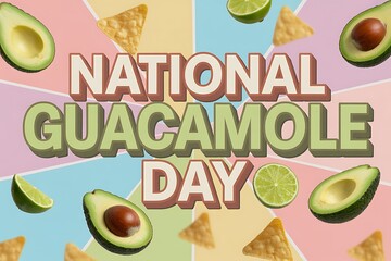 Celebrate National Guacamole Day with vibrant avocados, zesty limes, and crunchy tortilla chips on a fun, colorful background