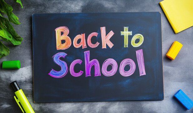 Vibrant chalkboard with bold "Back to School" text surrounded by colorful school supplies and artistic elements, set against a grey concrete backdrop with green plants for nostalgic educational themes