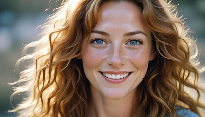 Fototapeta premium A smiling woman with curly auburn hair looks at the camera with joy and confidence.