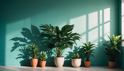 Fototapeta premium Potted plants in a bright room with striking shadows, creating a peaceful atmosphere.