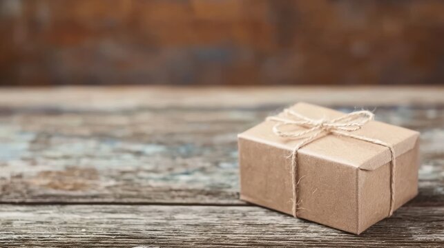 Kraft paper box tied with string on wood, suitable for eco-gifts or design inspirations.