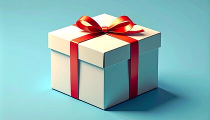 Fototapeta premium A pristine white gift box, elegantly adorned with a vibrant red ribbon and bow, sits on a simple light teal background.