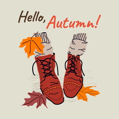 Fall vibes. Illustration of boots in yellow foliage. Cozy autumn aesthetic. Square poster, print, background, quote card. Vector.