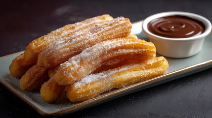 Golden crispy maida flour churros arranged neatly on a long rectangular plate, sprinkled with sugar, with a side of chocolate sauce.