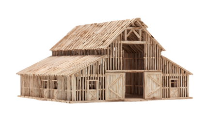 Rustic wooden barn model crafted from natural materials evokes vintage farm charm and rural aesthetics