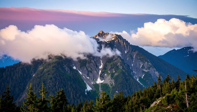 Mountain peak shrouded in clouds at sunset
