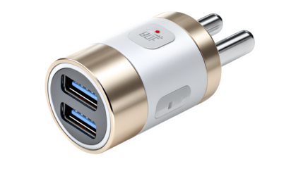 Charge devices on the go with this sleek dual USB car charger featuring a modern white and gold design.