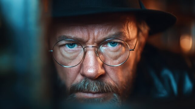 A close-up of an older man with glasses and a serious expression reflects deep thought and experience, evoking wisdom, contemplation, and the essence of human emotion.