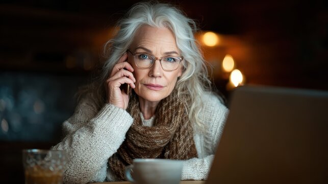 A thoughtful older woman gazes intently at her laptop while holding her phone, symbolizing bridging generations through technology in a cozy, inviting atmosphere.