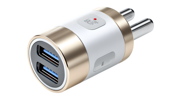 Charge devices on the go with this sleek dual USB car charger featuring a modern white and gold design.
