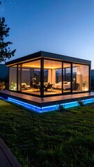 Fototapeta premium Modern glass pod structure with led lighting set within a natural landscape at dusk