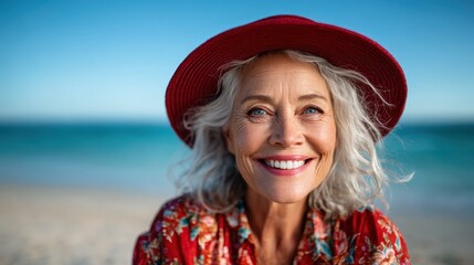 A joyful elderly woman with striking grey hair and a bright hat radiates happiness against the serene beach backdrop, embodying the beauty of aging and confidence in life.
