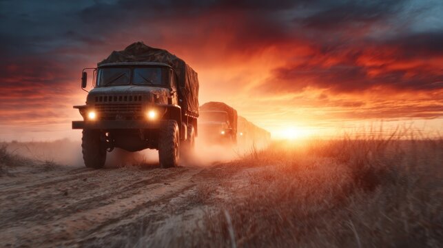 Military trucks maneuver through a dusty landscape as a brilliant sunset casts vibrant colors across the sky, evoking themes of adventure and resilience.