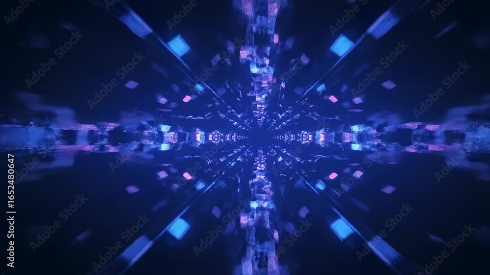 Poster abstract futuristic tunnel of glowing blue and purple light particles, creating a digital pathway or