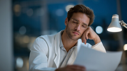 Obraz premium Exhausted Young Medical Resident Napping While Studying Patient Chart