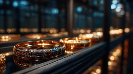 A captivating collection of ornate golden bangles elegantly displayed in a bright glass showcase, capturing the essence of luxury and craftsmanship.