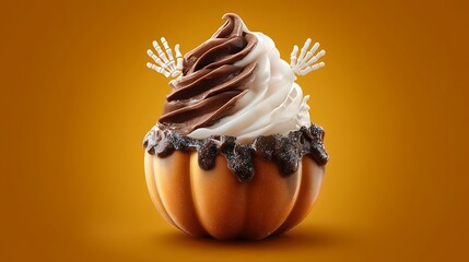 Ice cream cup shaped like a carved pumpkin, filled with rich chocolate swirl, topped with tiny sugar skeleton hands, placed on a solid golden-amber background.