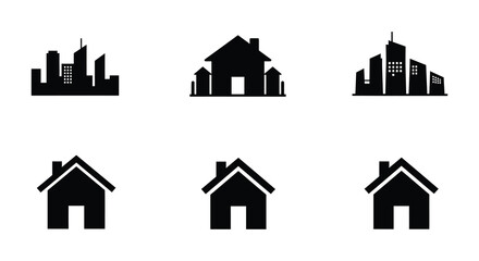 Set of Black and White City and House Icons for Real Estate