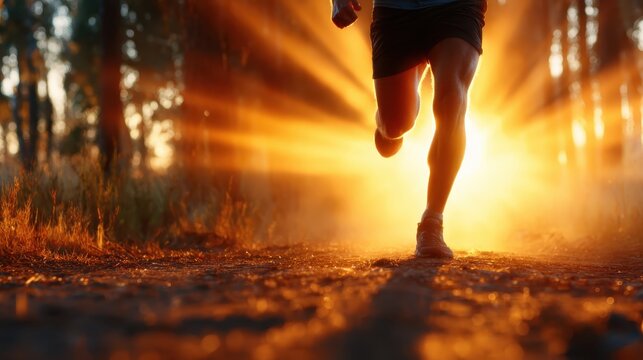A runner bursts through the trees at sunrise, capturing the essence of determination, freedom, and the invigorating spirit of an active lifestyle in nature.