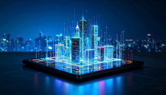 A digital cityscape model displayed on a tablet, illuminated by vibrant blue and green lights, showcasing a futuristic city design.