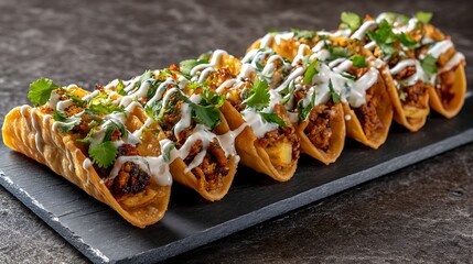Mini tacos filled with samosa-style stuffing, topped with yogurt drizzle and coriander leaves, arranged on a rectangular slate plate.