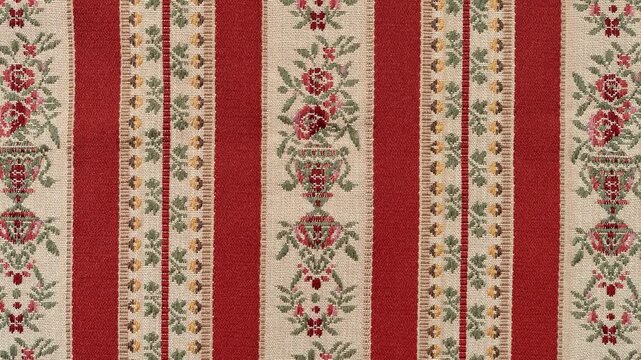 Vintage red Biedermeier striped furniture fabric. Vintage Biedermeier upholstery fabric. Panning shot.