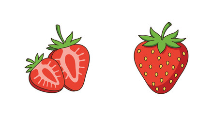 Fresh Strawberries Illustration with Whole and Cut Fruit on White Background