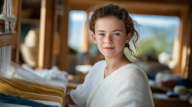 A young girl weaving in a sustainable workshop with natural light