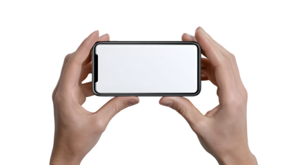 Hands holding modern smartphone horizontally with blank screen ready for content customization