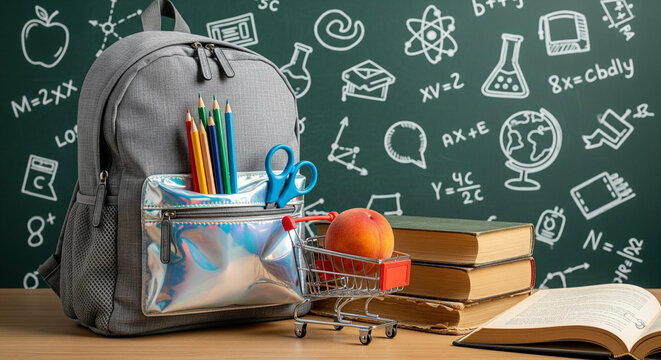A colorful school backpack, books, and a miniature shopping cart for an unusual education concept
