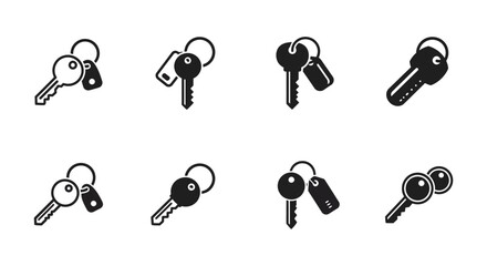 Variety of Keys with Keychains in Black and White Vector Illustration