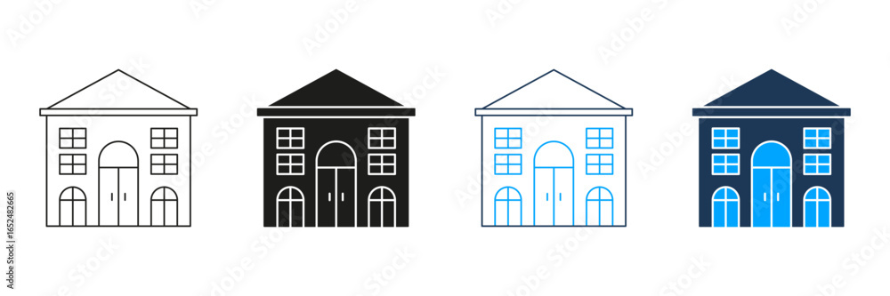 Poster building facade line and solid icon set. architectural structure and real estate symbol collection. 